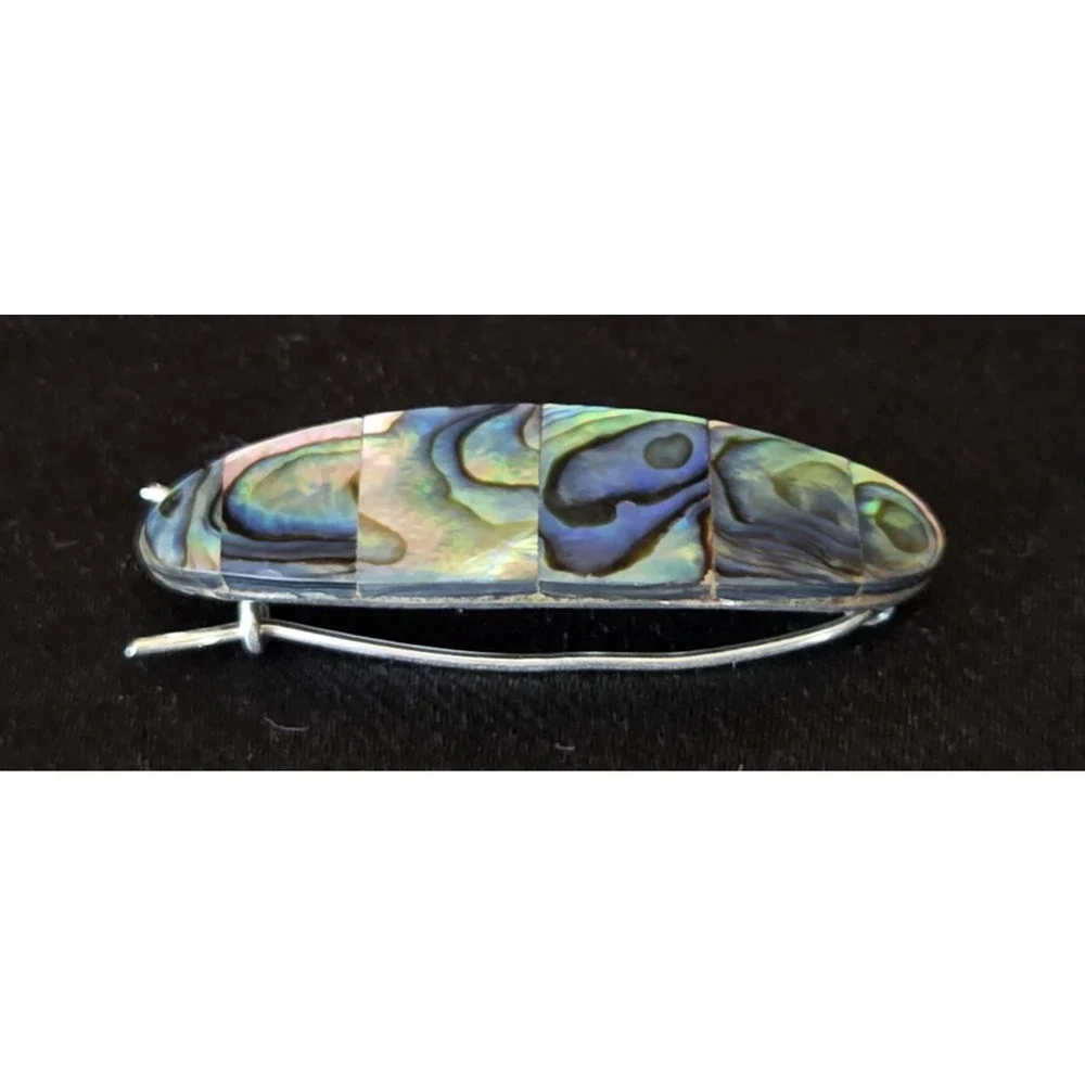 Vintage Mexico Silver Tone Abalone Inlay Barrette Women's Hair Clip Mid Century